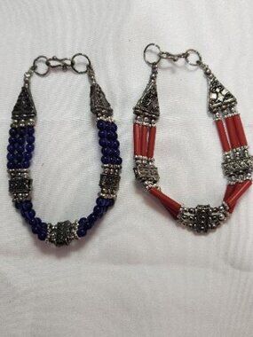 Set of 2 Multi-Strand Dark Blue Bead & Red Bead Silver-Plated Bracelets